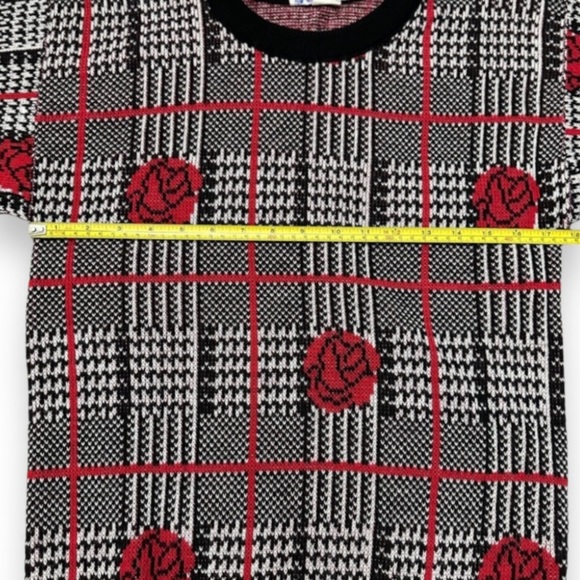 Vintage 80s Rose Plaid Floral Sweater Women’s Size XS Black Red Houndstooth - Picture 13 of 15